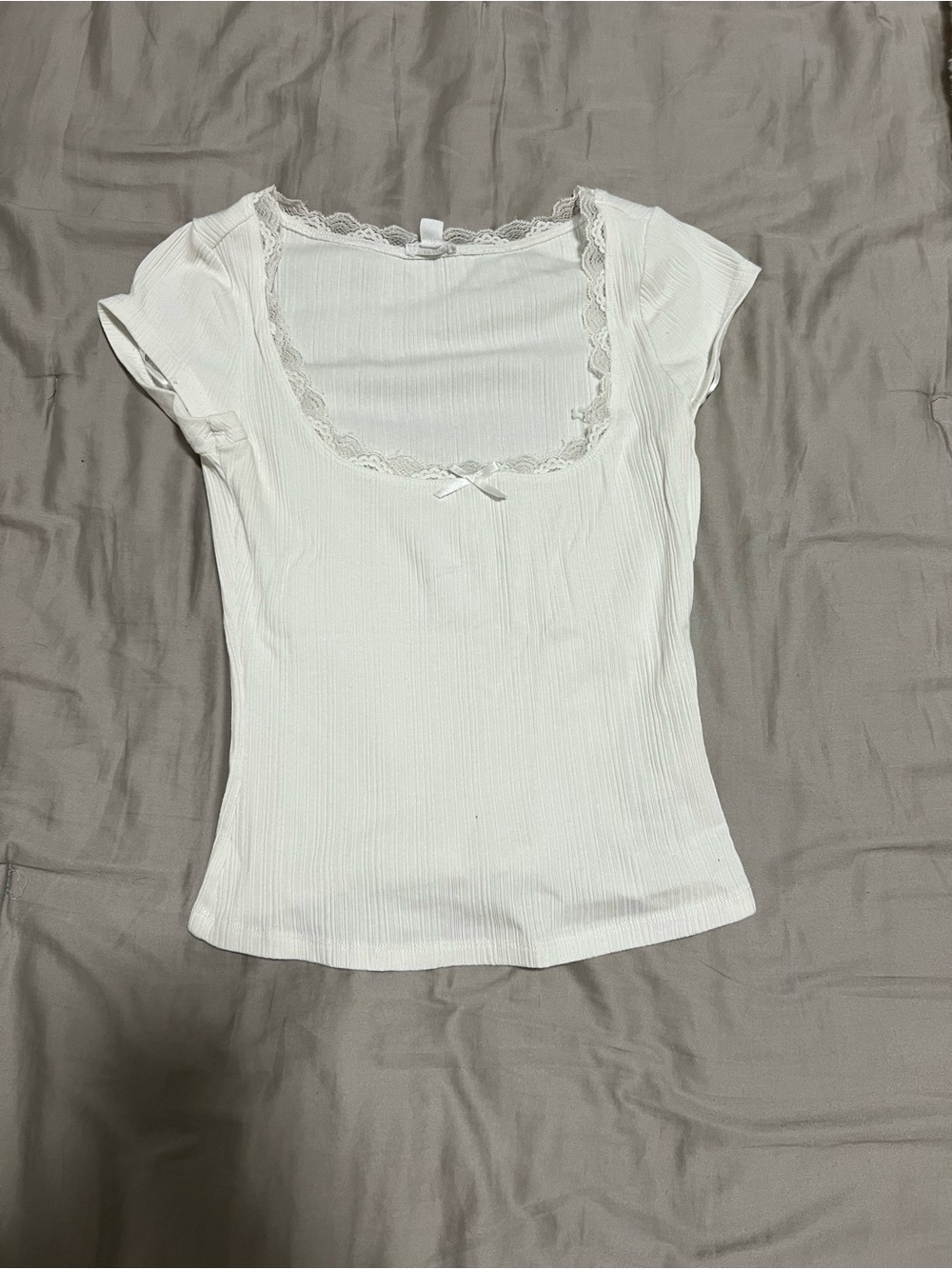 Garage White Ribbed Lace-Trim Scoop Neck Tee